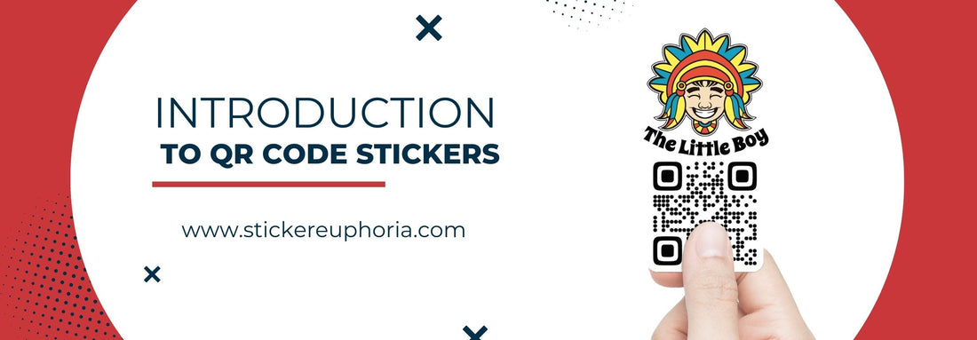 Banner for QR code stickers promotion. It features a hand holding a QR code sticker. The banner reads Introduction to QR Code Stickers and includes the website URL www.stickereuphoria.com on a red and white background.